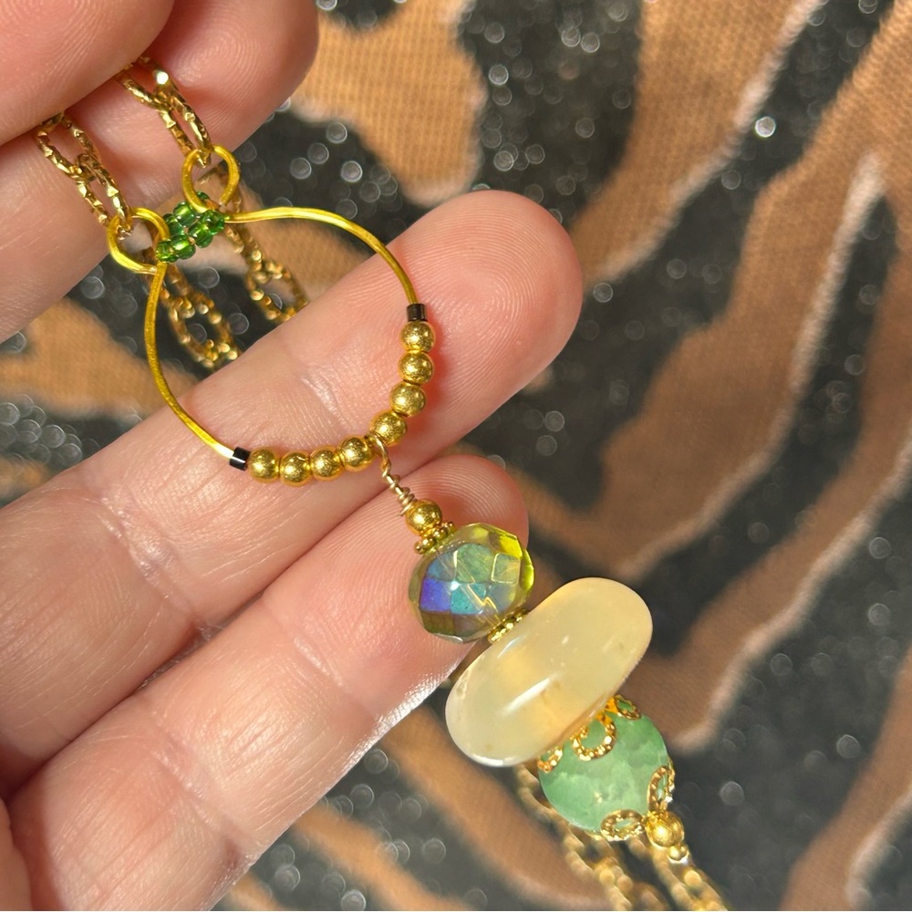 Handcrafted hammered charm link beaded drop pendant on chain necklace